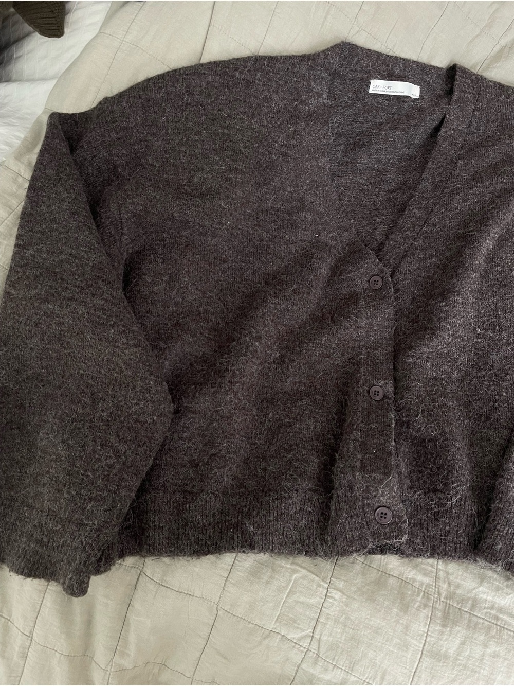 OAK + FORT Dark Brown Fuzzy V-Neck Button Cardigan
